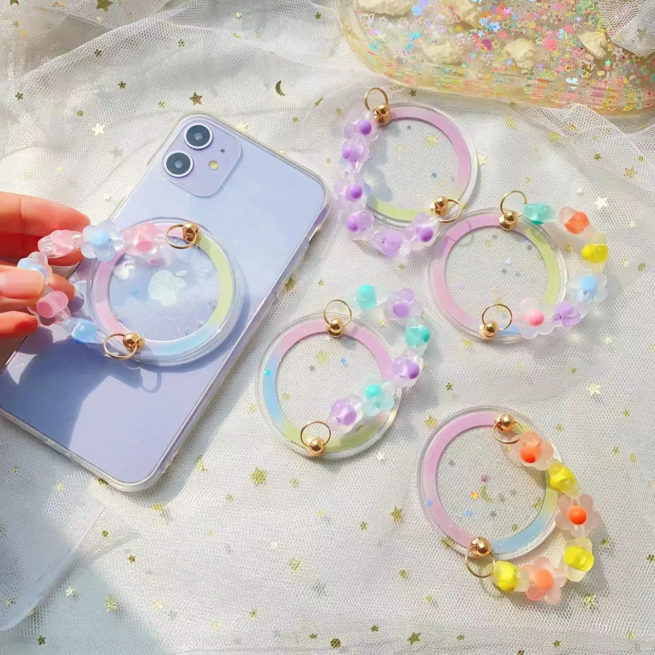 【スマホリング】着脱可能 フラワービーズ マグネットホルダー｜パステル・大人かわいい #261052
