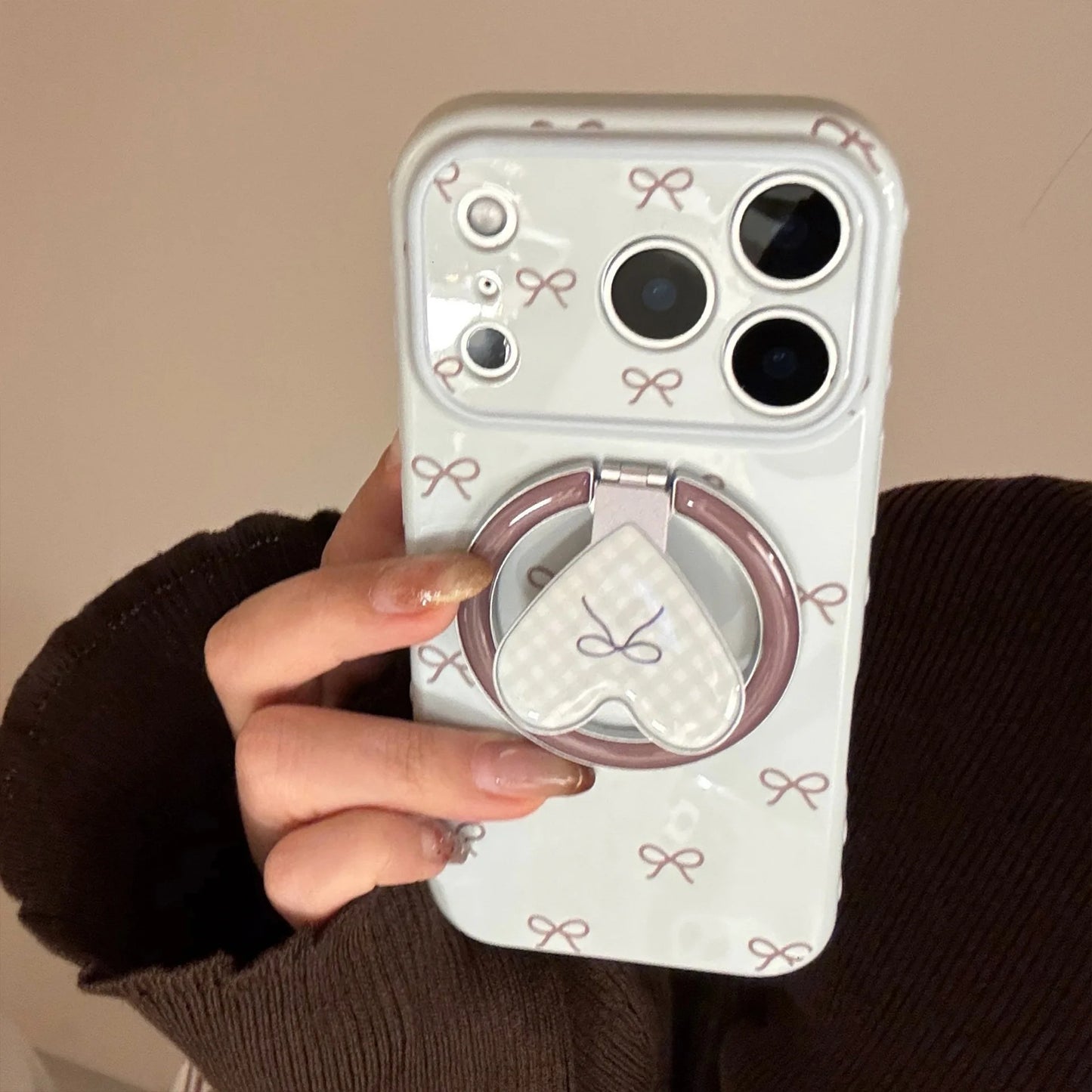 【マグネット式折りたたみハートスタンド付き】プチリボン柄 チェック ハートリング スマホケース｜iPhone対応 #240702