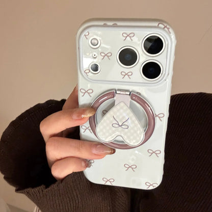 【マグネット式折りたたみハートスタンド付き】プチリボン柄 チェック ハートリング スマホケース｜iPhone対応 #240702