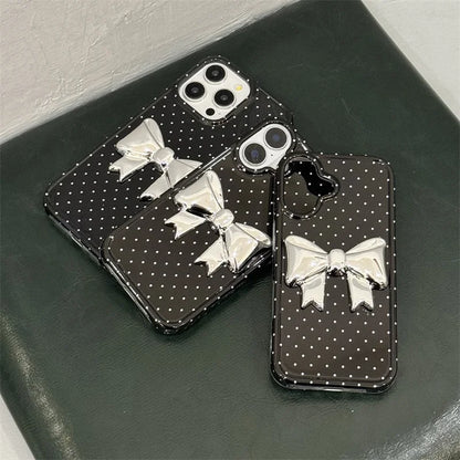 【ドットリボン】立体 メタリック リボン付き ガーリースマホケース｜iPhone対応 #250417