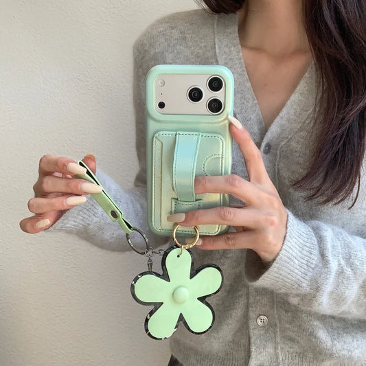 カード収納付き 落下防止 ハンドベルト フラワーチャーム レザー調 iPhoneケース #260622