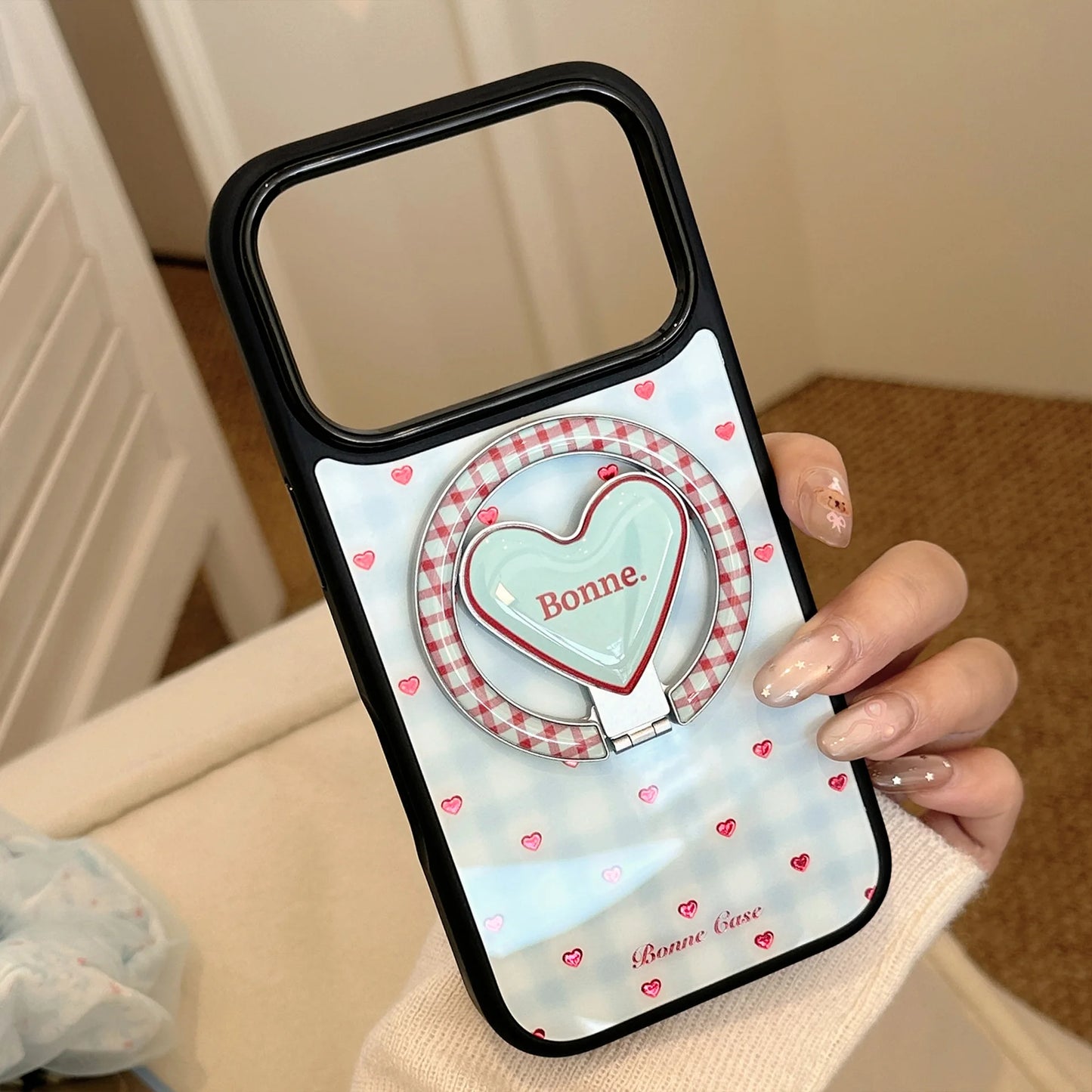 【マグネット式折りたたみハートスタンド付き】ブルーギンガムチェック柄 ハートリング付きスマホケース｜iPhone対応 #240703