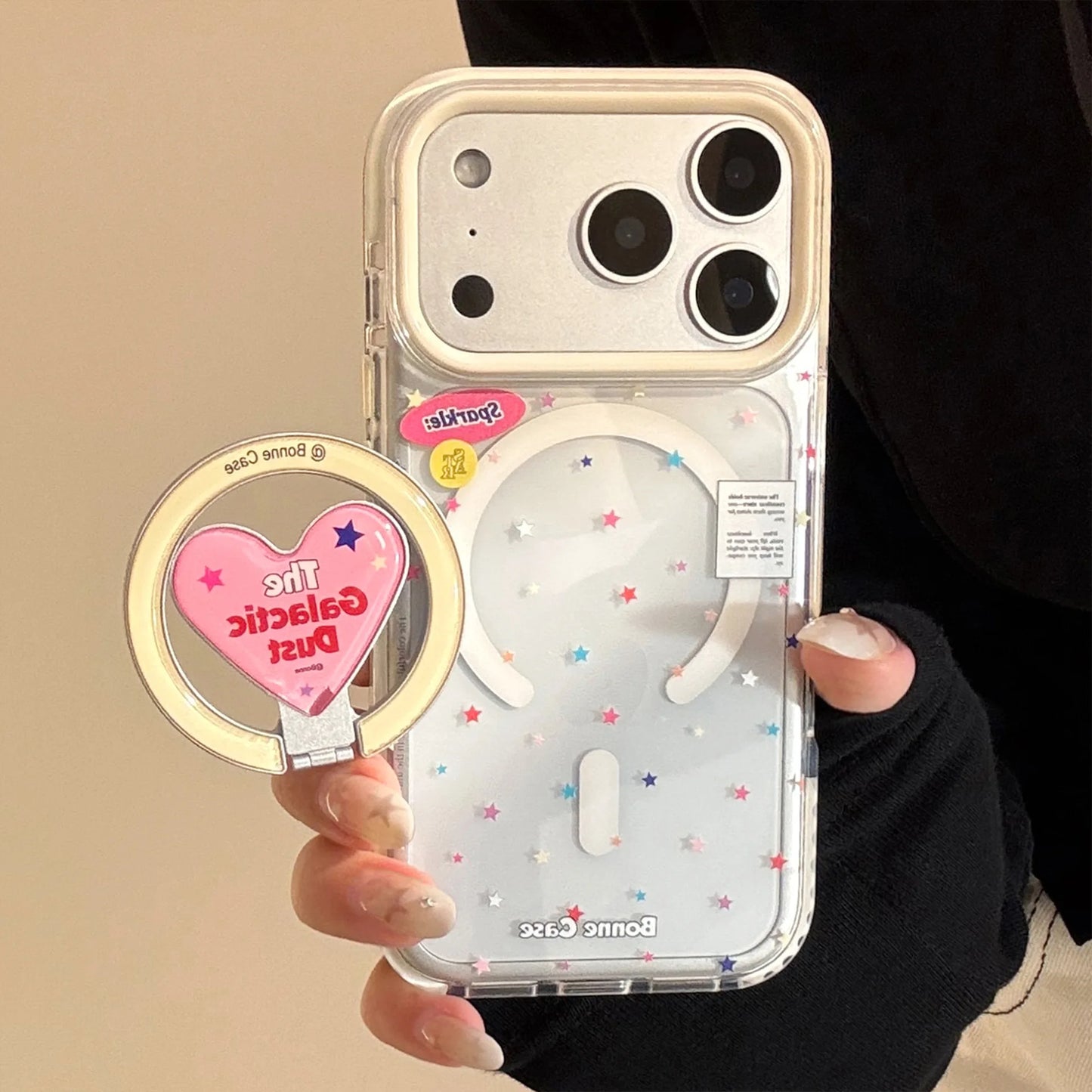 【マグネット式折りたたみハートスタンド付き】クリア カラフルスター ピンクハート スタンド スマホケース｜iPhone対応 #240630