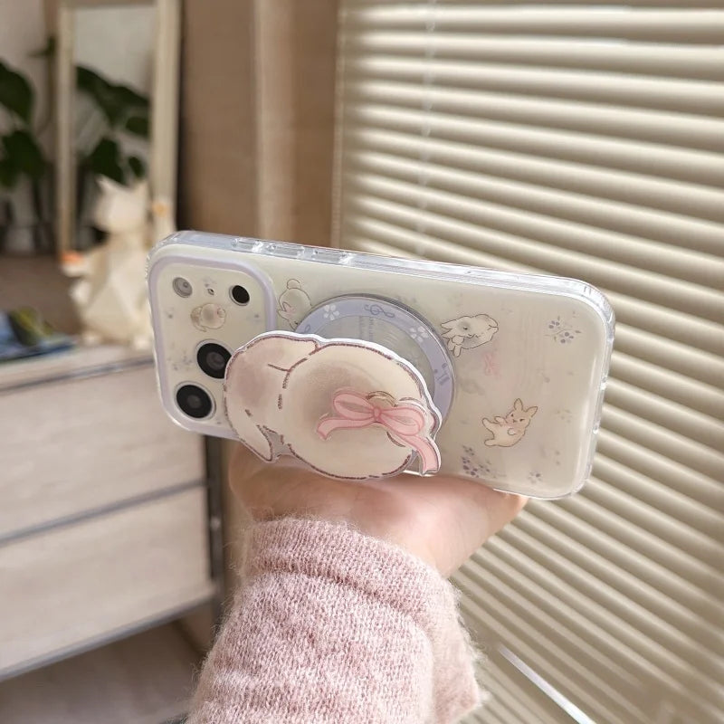 うさぎグリップ 小花×パープル クリア Magnet内蔵 iPhoneケース｜淡色・透明感 #260016