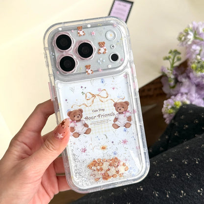 くま フラワー 流れるラメ iPhoneケース｜透明感クリア・ゆめかわデザイン #260040