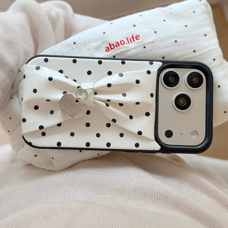 【立体リボン】 ハートチャーム付き ソフトレザー調 ドット柄 水玉 iPhoneケース #260209
