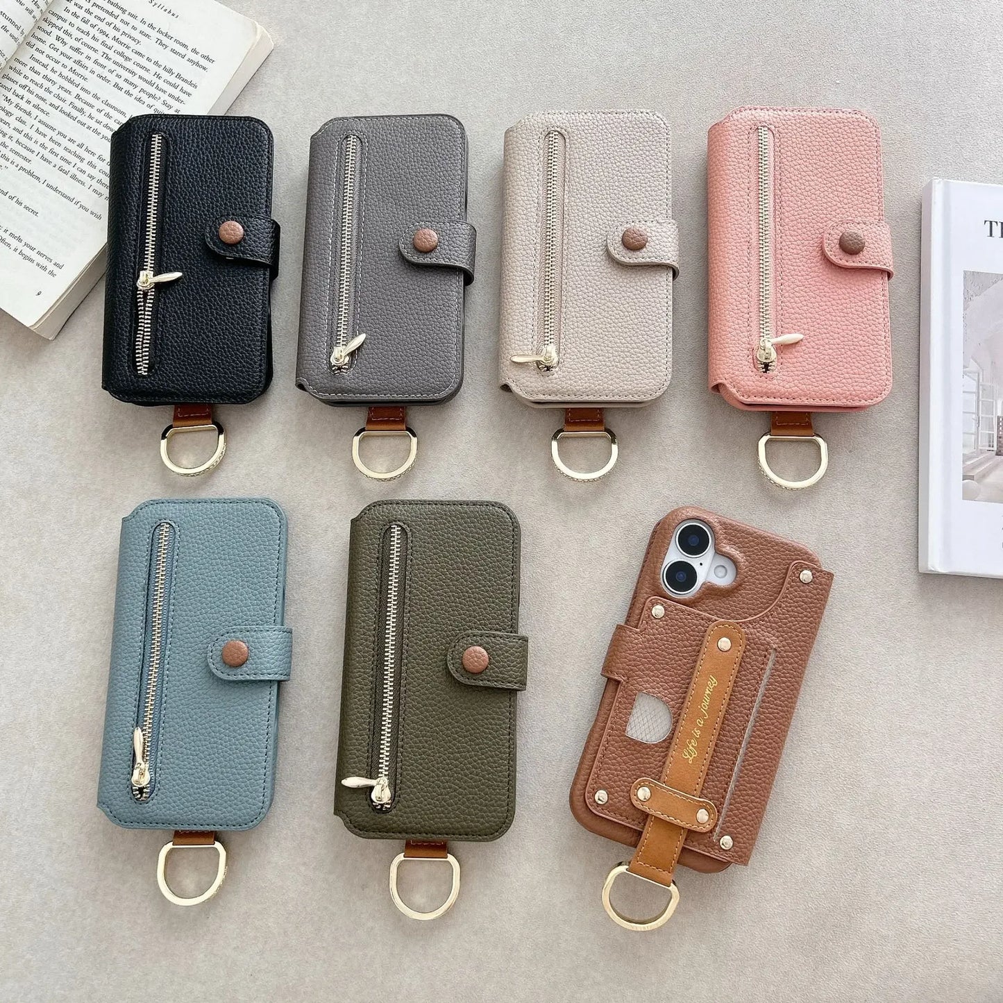 【ブックスタイル】キーリング付き レザー調 財布一体型 手帳型 iPhoneケース｜ファスナー収納・多色展開 #240128