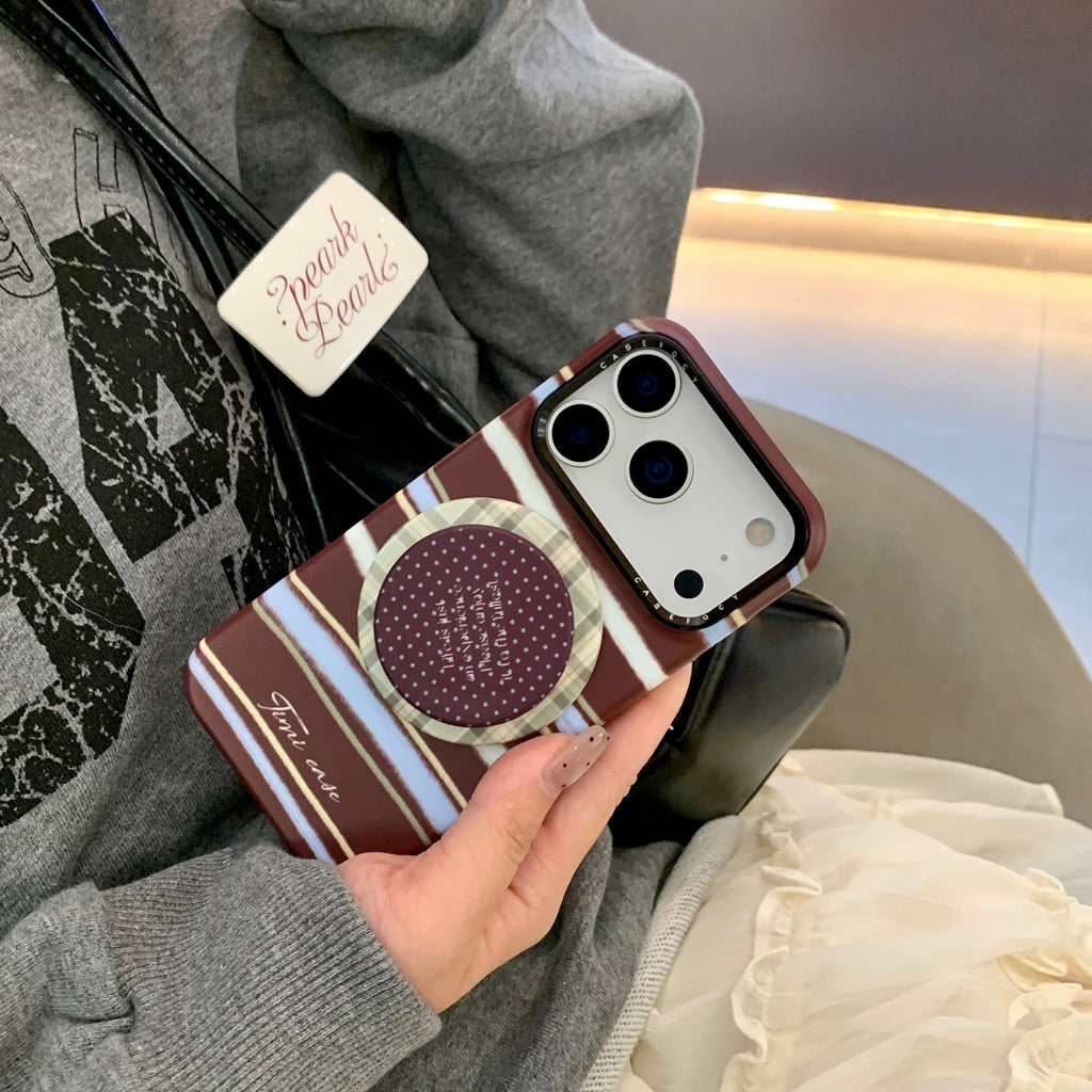 【Magsafe対応】ボルドー マルチカラーストライプ ×ドット スター スタンド スマホケース｜iPhone対応 #241224