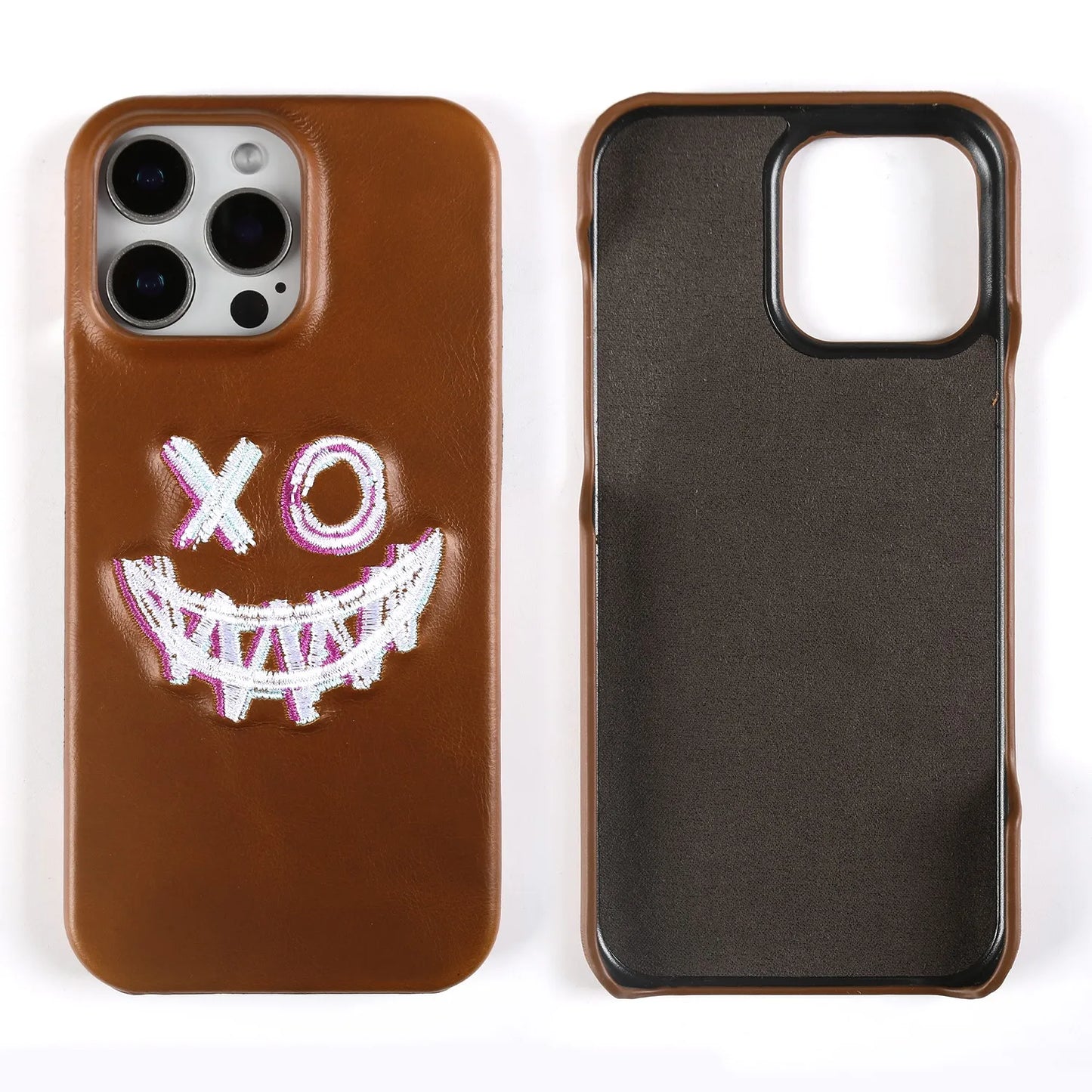 【本革シリーズ】艶あり スムースレザー スマイル ステッチケース｜iPhone対応 #240831