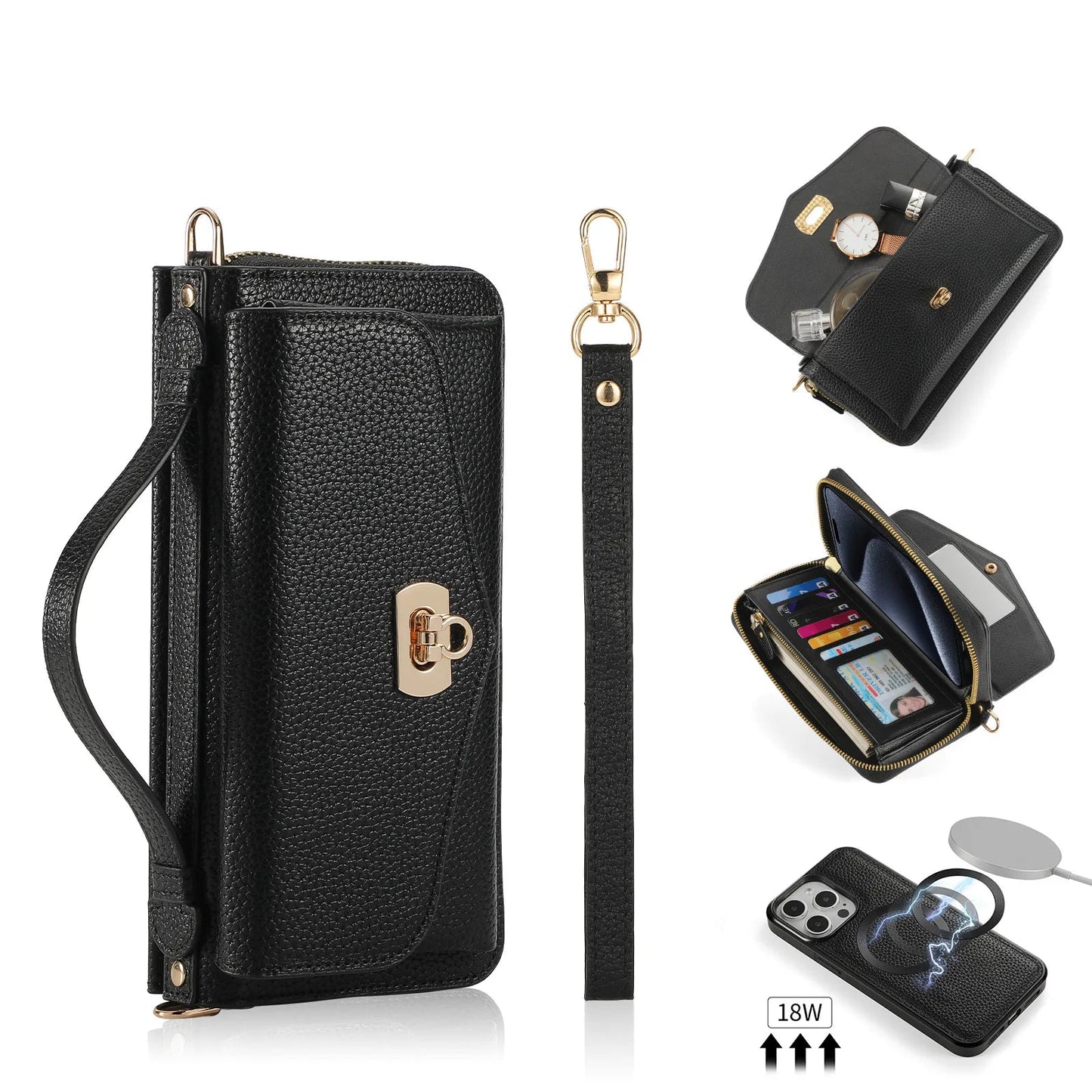 【ウォレットスタイル】財布一体型 分離式レザー調 ブックスタイル 手帳型 iPhoneケース｜ラウンドファスナー・ショルダー対応 #240204