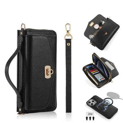 【ウォレットスタイル】財布一体型 分離式レザー調 ブックスタイル 手帳型 iPhoneケース｜ラウンドファスナー・ショルダー対応 #240204