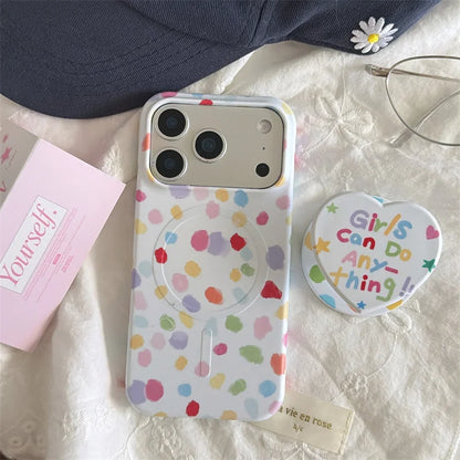 ガーリーポップ カラフルドット 水玉ペイント Magnet内蔵 iPhoneケース｜ハートグリップ付き #230708
