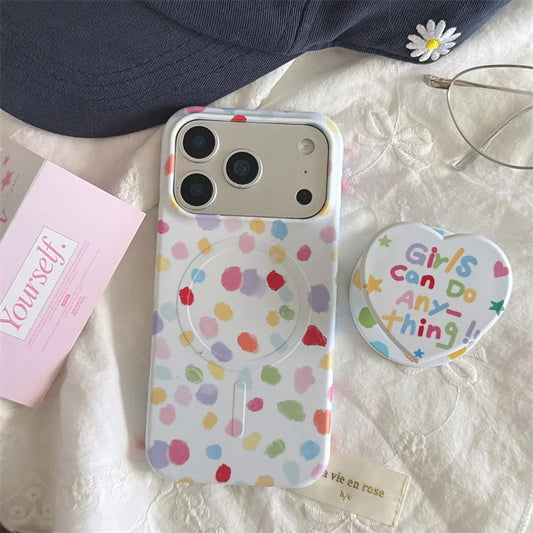 ガーリーポップ カラフルドット 水玉ペイント Magnet内蔵 iPhoneケース｜ハートグリップ付き #230708