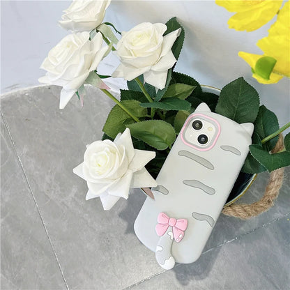 【猫耳シリーズ】しっぽ付き リボン デザイン マット グレー iPhoneケース｜くすみカラー #240212