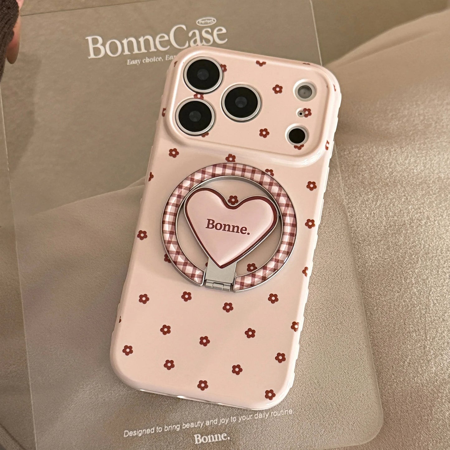 【マグネット式折りたたみハートスタンド付き】リボン × プチフラワー 小花 ハートスタンドスマホケース｜iPhone対応 #240628