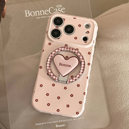 【マグネット式折りたたみハートスタンド付き】リボン × プチフラワー 小花 ハートスタンドスマホケース｜iPhone対応 #240628