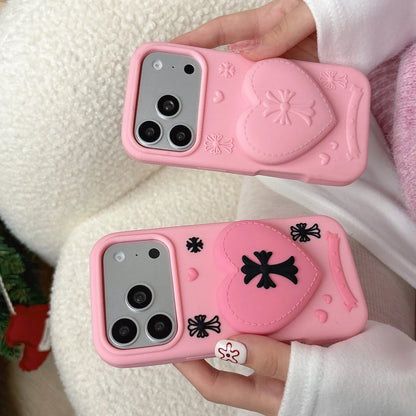 ハート×クロスモチーフ グリップスタンド付き iPhoneケース｜シリコン素材・立体デザイン #240525