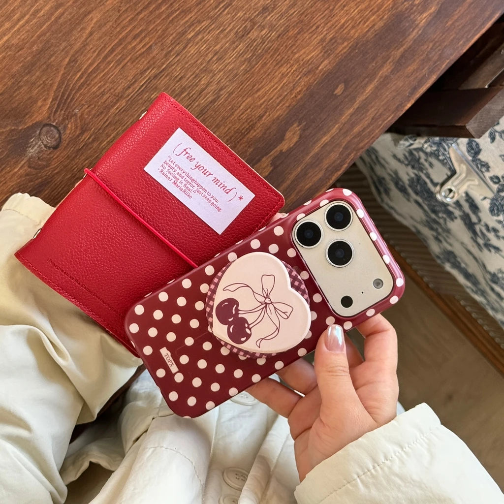 チェリーハート グリップ付き ドット 水玉 デザイン iPhoneケース #240513