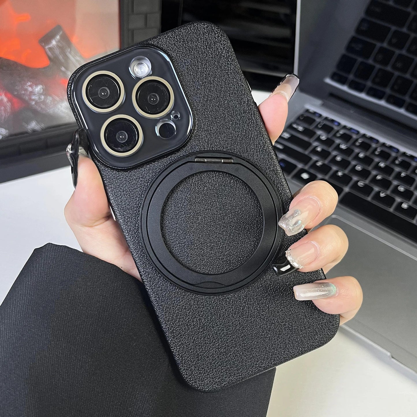 レザー調 リング付き iPhoneケース｜スタンド対応・マット仕上げ #260103