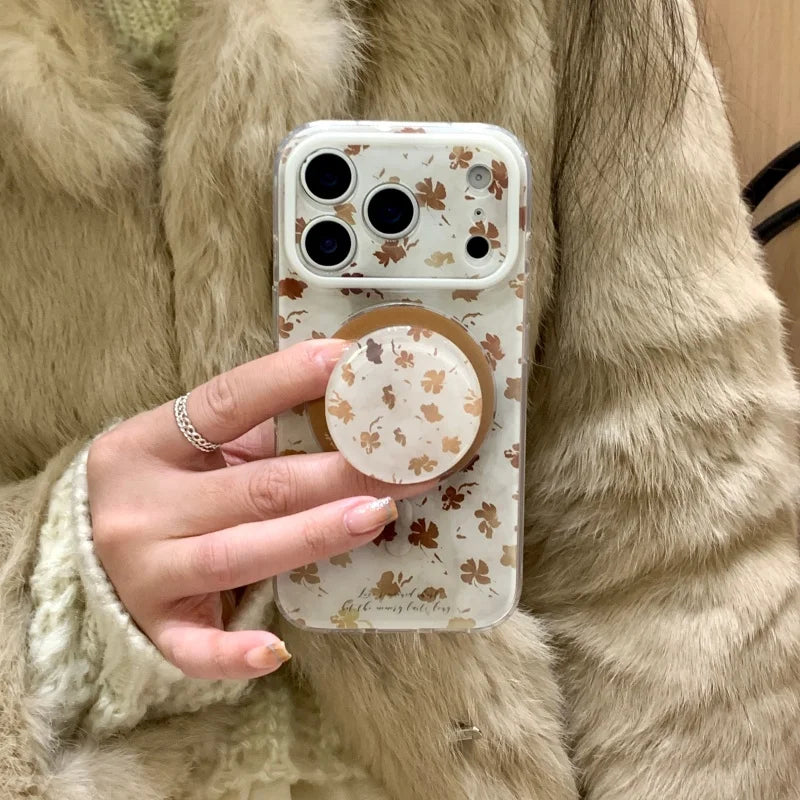 ブラウンリーフ Magnet内蔵 iPhoneケース｜落ち葉柄・マグネットリング付き #240430