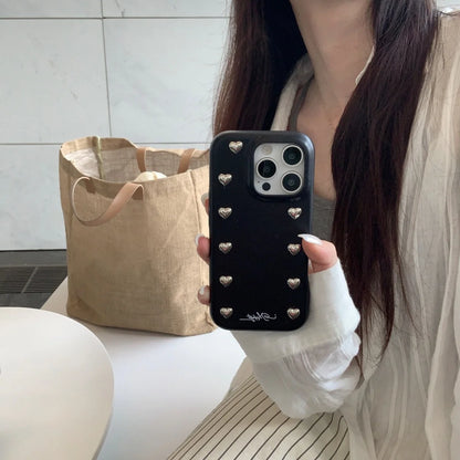 【ハートスタッズシリーズ】シルバーハート レザー デニム調 デザインスマホケース｜iPhone対応 #251217