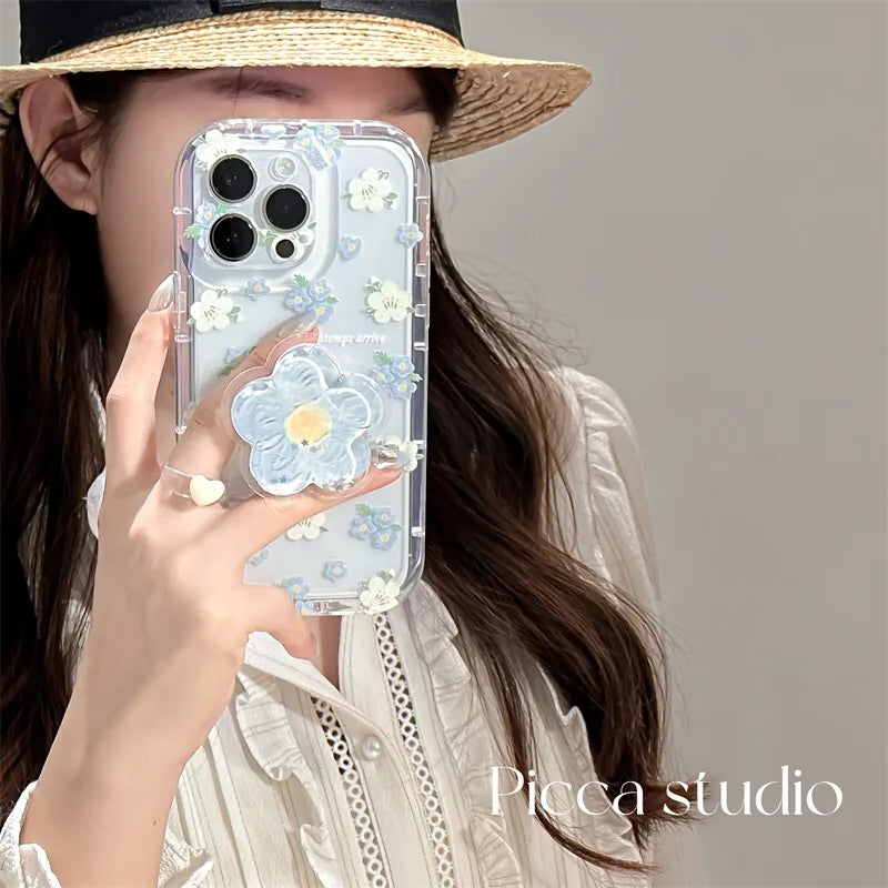 【クリアフラワーグリップ】立体フラワー付き 透明スマホケース｜iPhone対応