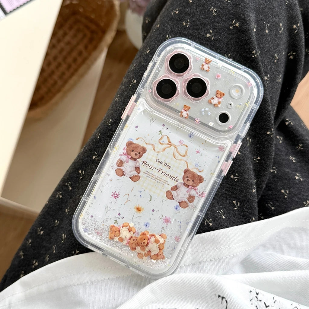 くま フラワー 流れるラメ iPhoneケース｜透明感クリア・ゆめかわデザイン #260040