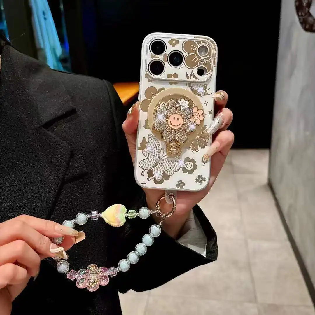 【フラワーシリーズ】キラキラ立体スマイルフラワー＆バタフライ デザインスマホケース｜iPhone対応 #251211
