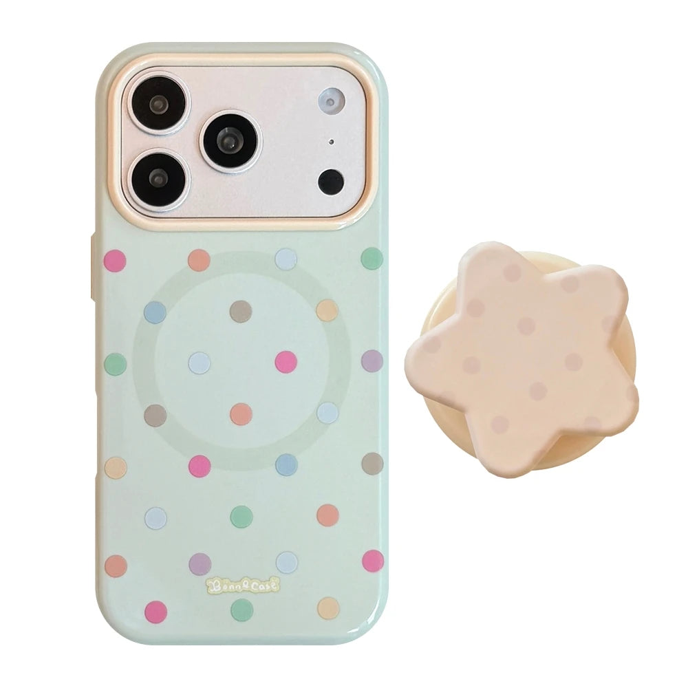 【マグネット内蔵】スターモチーフグリップ付きドット柄 iPhoneケース カラフル PCA #261216