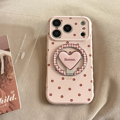 【マグネット式折りたたみハートスタンド付き】リボン × プチフラワー 小花 ハートスタンドスマホケース｜iPhone対応 #240628