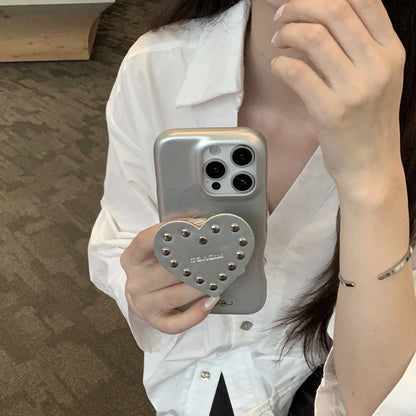 【スタッズハートスタンド】レザー デニム ハート×シルバースタッズ スマホケース｜iPhone対応 #250327