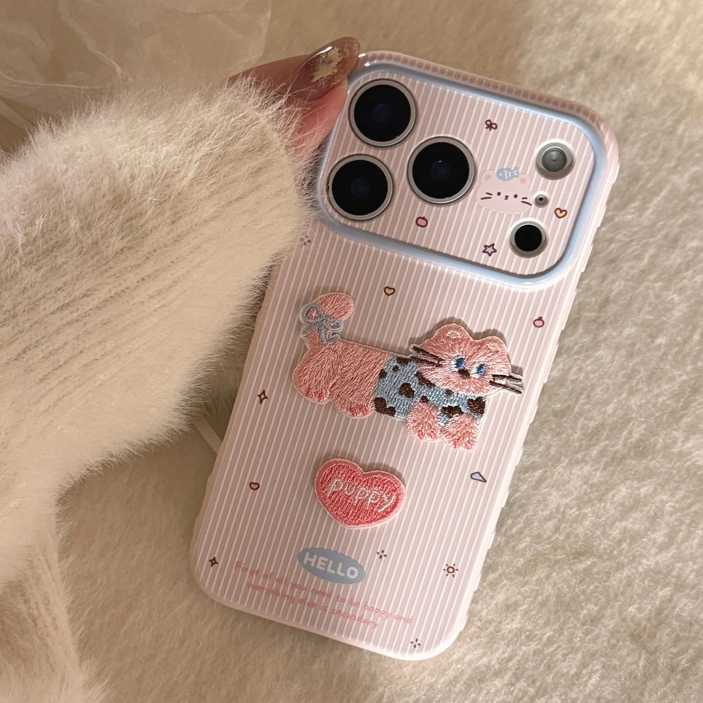 【アニマルシリーズ】 ねこ Cat 刺繍 ストライプケース｜iPhone対応 #240915