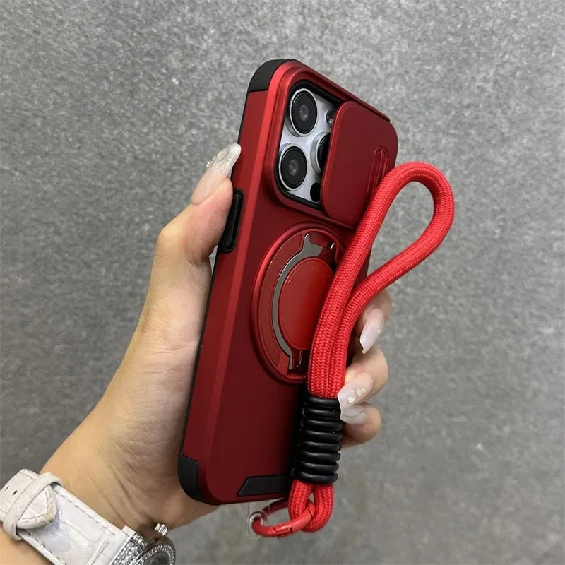 【耐衝撃シリーズ】カメラレンズカバー付き マグネット対応 スタンド機能 ストラップ付き スマホケース｜iPhone対応 #251226