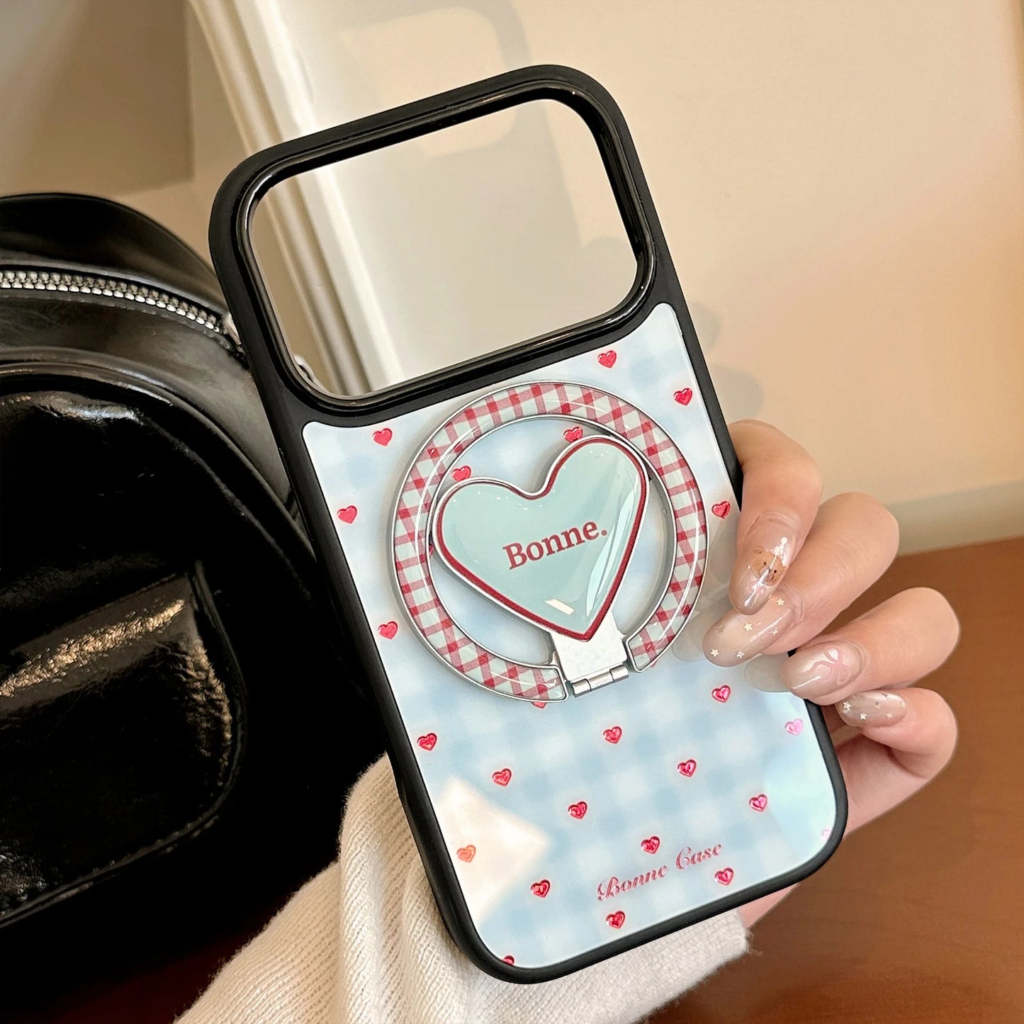 【マグネット式折りたたみハートスタンド付き】ブルーギンガムチェック柄 ハートリング付きスマホケース｜iPhone対応 #240703