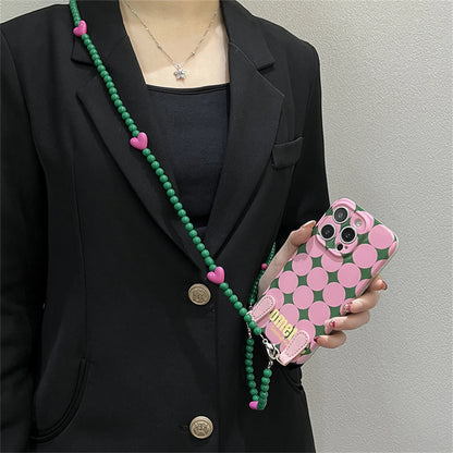 ドット ダイヤ柄 ピンク グリーン iPhoneケース｜ショルダーストラップ付き #240518