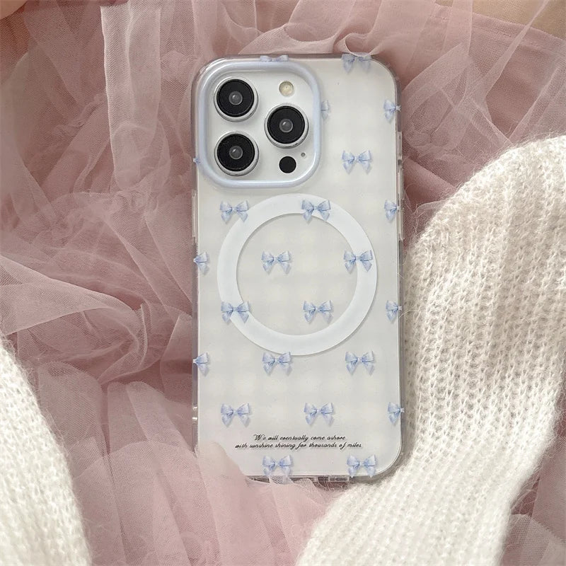 【淡ブルーリボン×グリップ付き】ガーリー 透明クリアケース｜iPhone対応 #250510