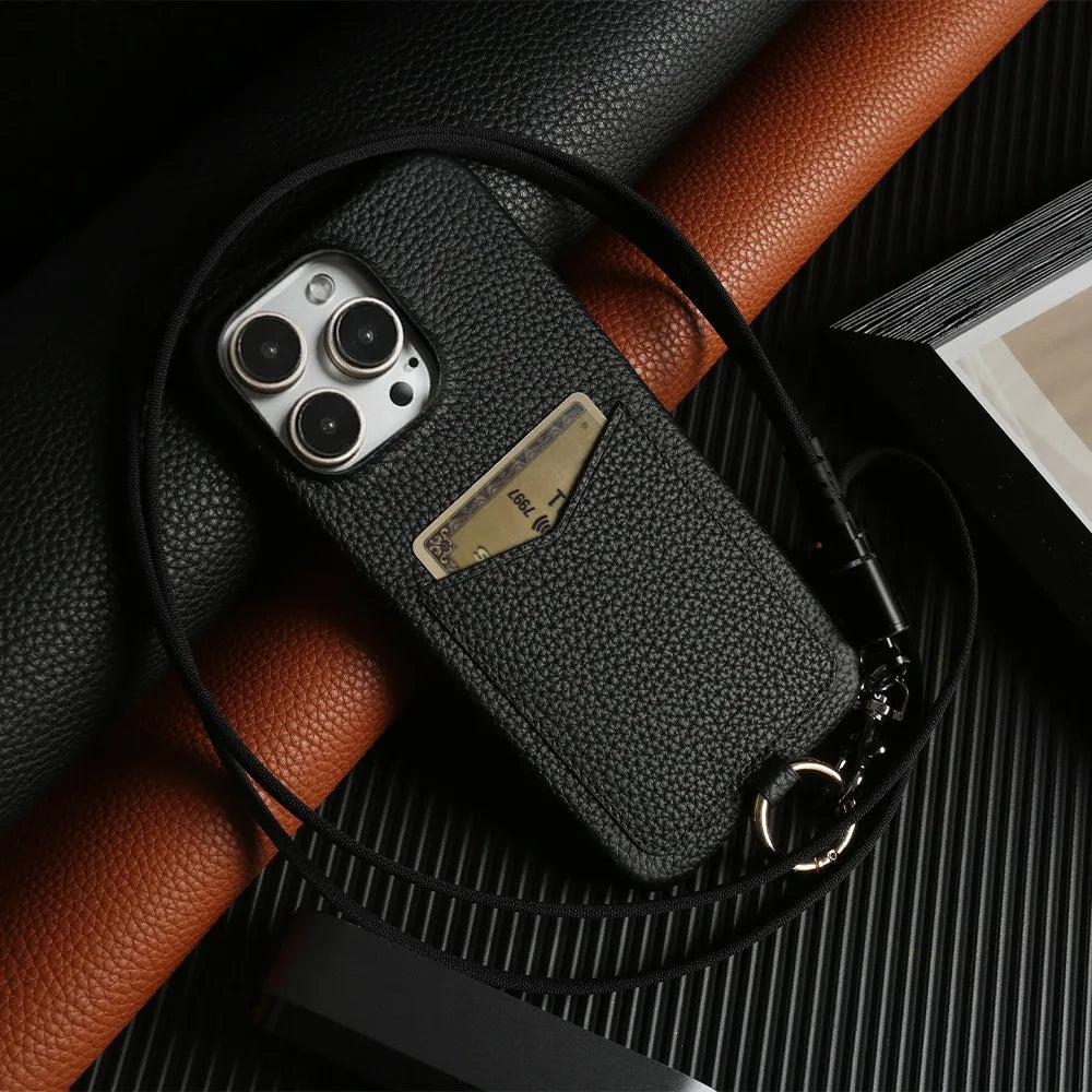 【本革シリーズ】ストラップ付き カードポケットレザースマホケース｜iPhone対応 #241014