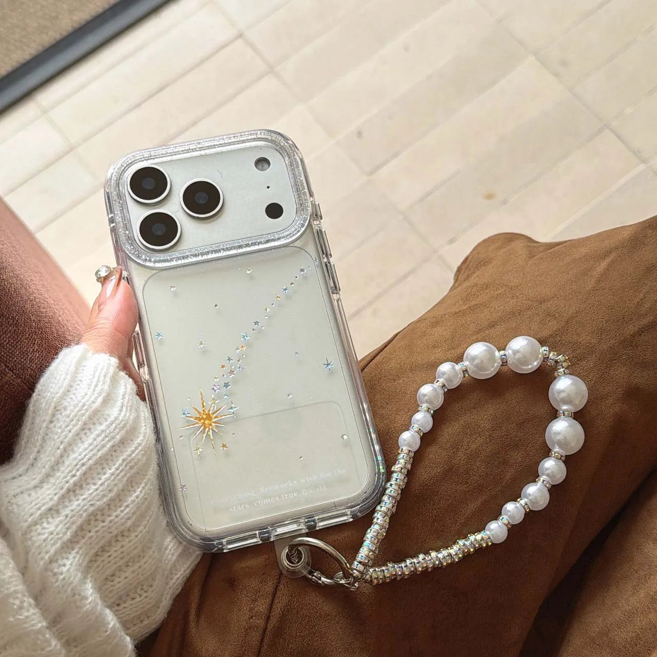 【スター×パールストラップ】キラキララメ 流れ星モチーフ クリア スマホケース｜iPhone対応 #240618