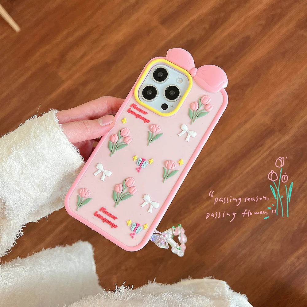 【フラワーリボンシリーズ】立体チューリップ＆蝶々モチーフ スマホケース｜iPhone対応 #250820