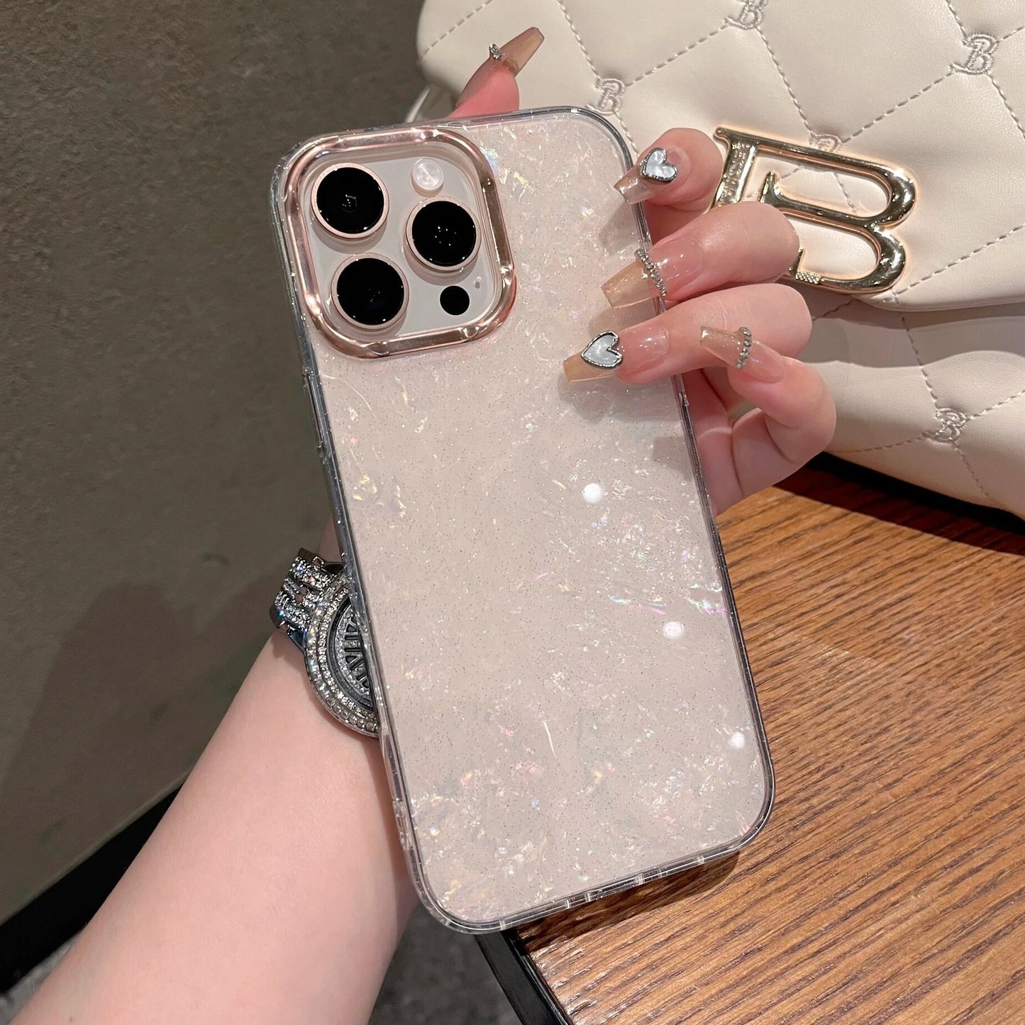 【大理石風】上品パール調 ホワイトシェル クリア iPhoneケース 高級感 キラキラ おしゃれ 耐衝撃｜iPhone対応 #250405