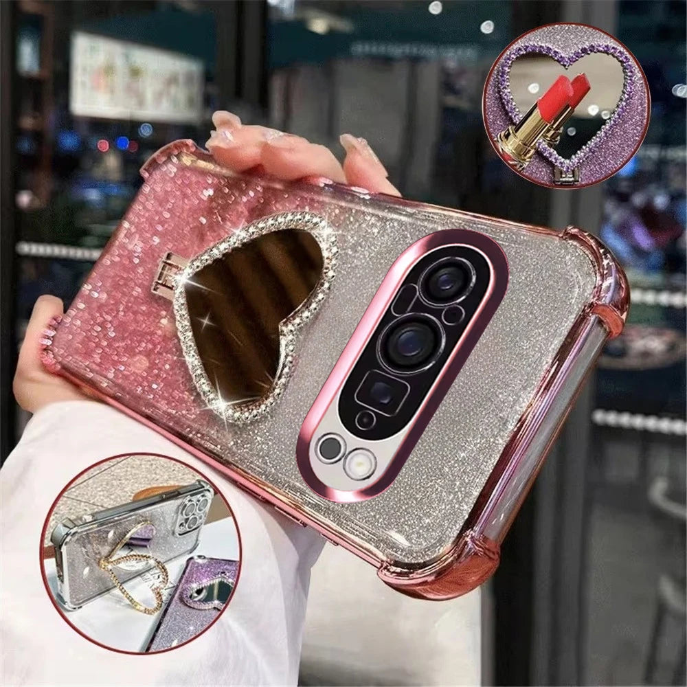 【Google Pixel対応】ハートミラー スタンド付き グリッター スマホケース｜キラキラ・グラデーション #261263