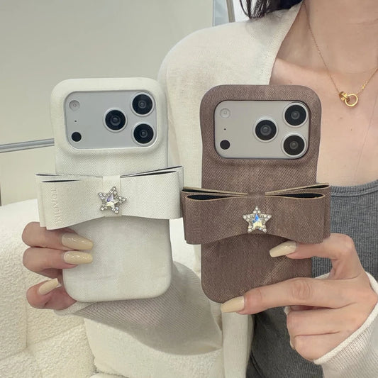 ヴィンテージリボン デニム調 スタービジュー付き iPhoneケース #260619