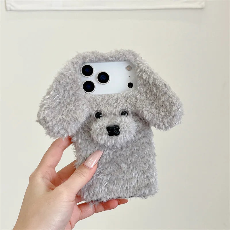 【もこもこプードルファー】耳付き 犬 Dog 3D立体デザイン スマホケース｜iPhone対応 🐶✨ #250103