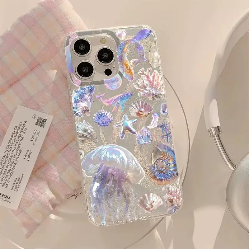 幻想的 オーロラカラー クラゲ 貝殻 ヒトデ ウミガメ 海の生き物  iPhoneケース｜マリン #260086