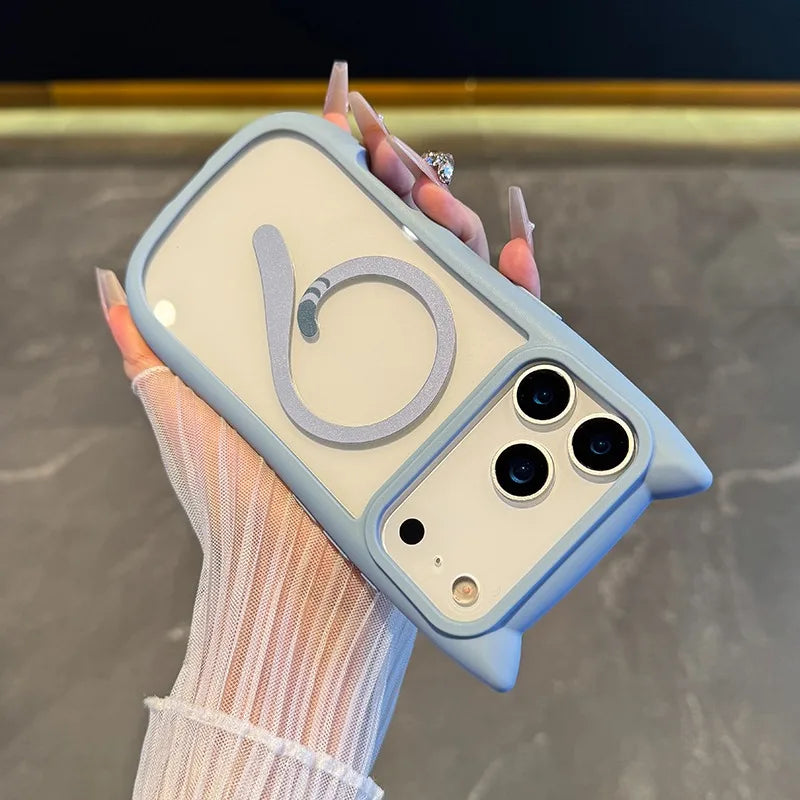 【猫耳シリーズ】Magnet内蔵 しっぽデザイン カラーフレーム iPhoneケース #240215