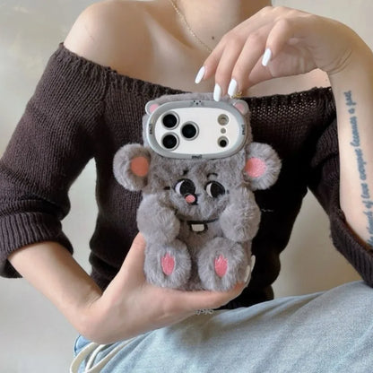 【アニマルフェイスシリーズ】グレーマウス スマホケース｜ふわもこ立体デザイン × キュートな耳付き｜iPhone対応 #241130