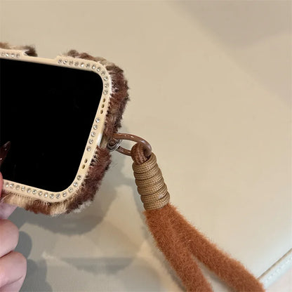 【もこもこチェック】ふわふわ マルチカラー × ストラップ付きケース｜iPhone対応 #240909