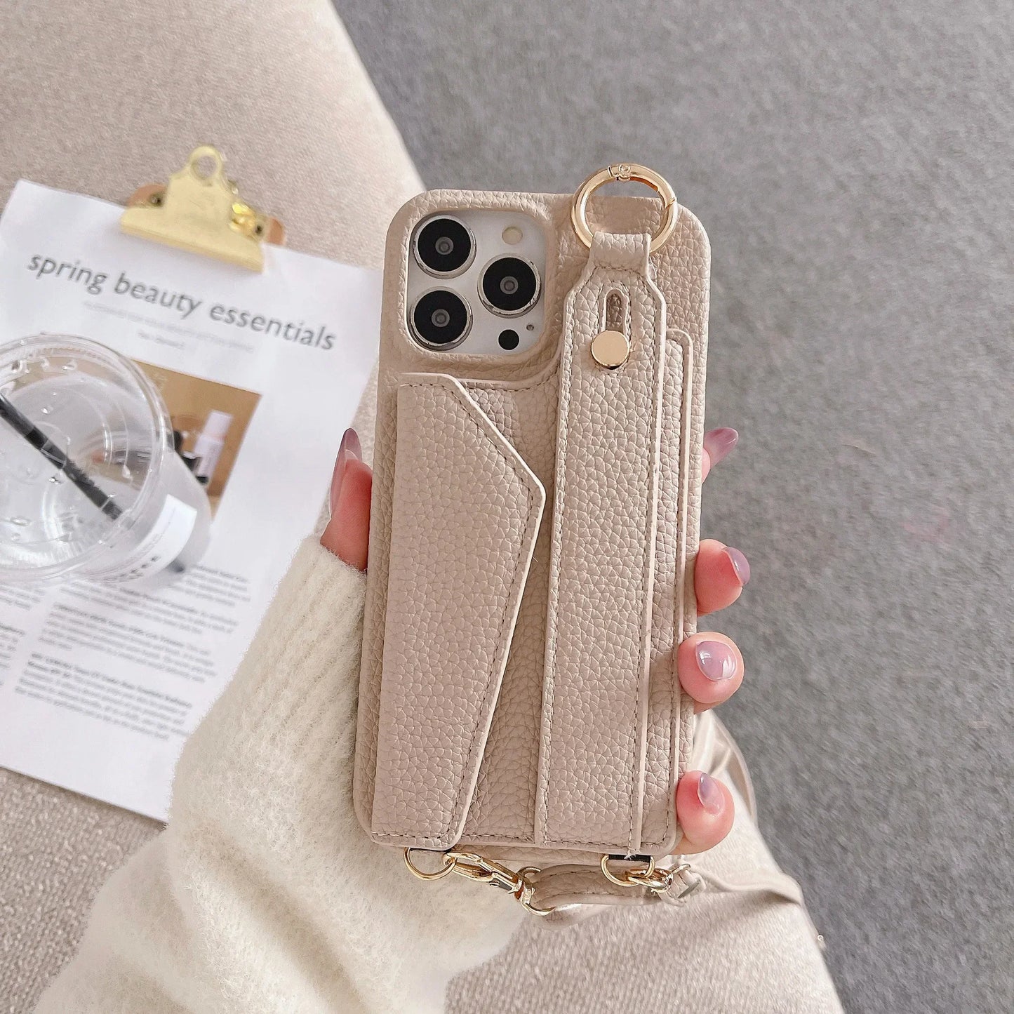 【ストラップ付き×カード収納】ウォレット レザー風 スマホケース｜iPhone対応 #250515