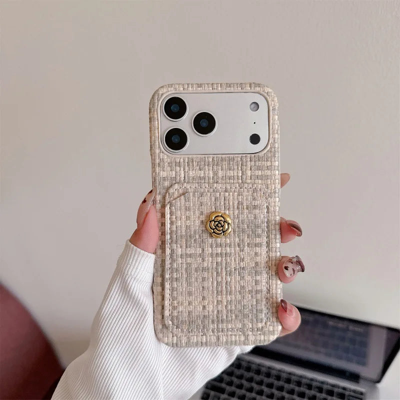 ツイード調 カメリアボタン カードポケット付き iPhoneケース｜上品エレガント・高見え #260012