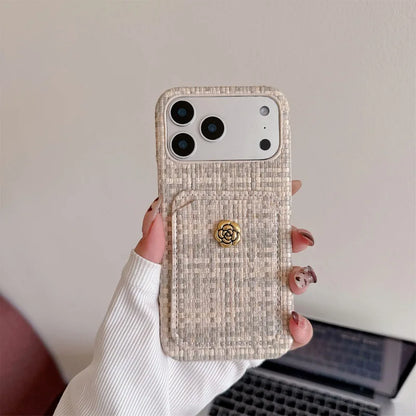 ツイード調 カメリアボタン カードポケット付き iPhoneケース｜上品エレガント・高見え #260012